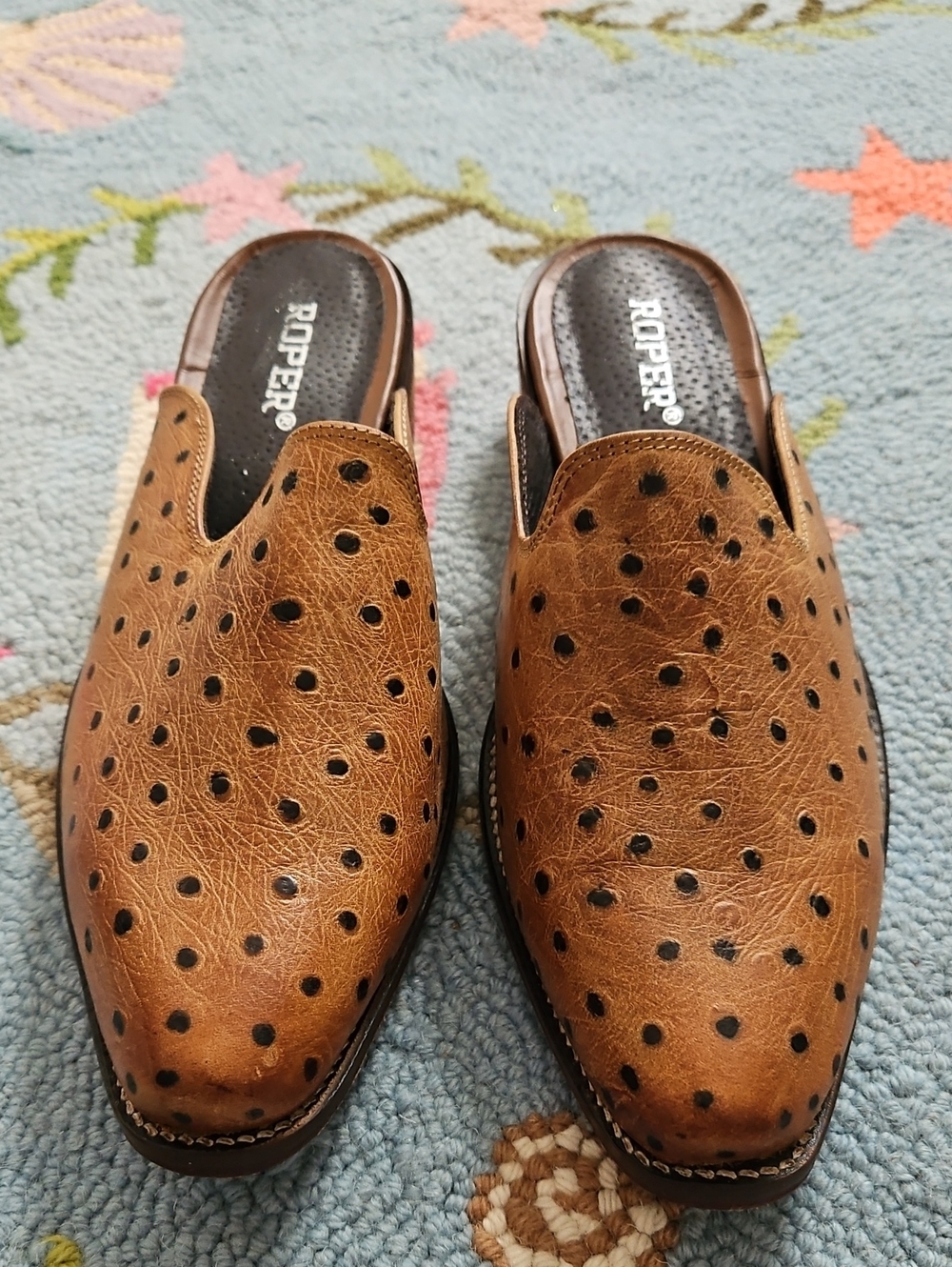 Roper Tan Ostrich-embossed Leather Slip-On Mules